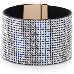 The Woos Leather Wrap Bracelet with Full Rhinestones Cross Buckle Bracelet for Women Girl Handmade Sparkling Crystal Charms Bracelets Wristband Velvet Leather Wide Bracelet Bangle Jewelry