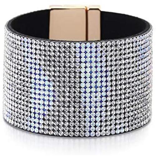 The Woos Leather Wrap Bracelet with Full Rhinestones Cross Buckle Bracelet for Women Girl Handmade Sparkling Crystal Charms Bracelets Wristband Velvet Leather Wide Bracelet Bangle Jewelry