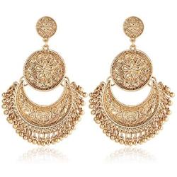 Gmai Antique Ethnic Brocade Mexico Gypsy Engraved Lotus Hook Dangle Earrings for Women and Girls