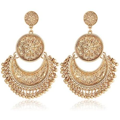 Gmai Antique Ethnic Brocade Mexico Gypsy Engraved Lotus Hook Dangle Earrings for Women and Girls