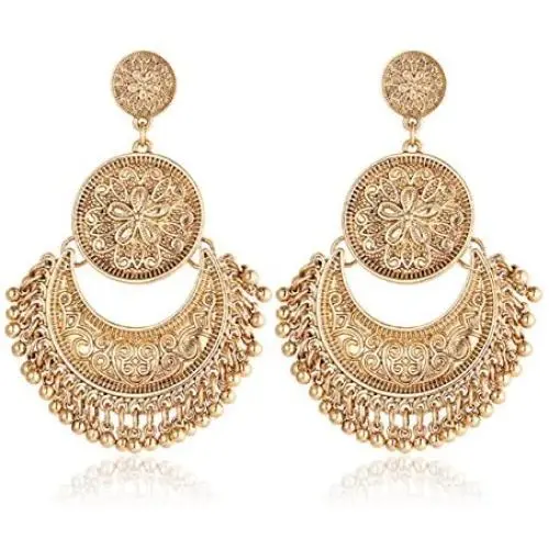 Gmai Antique Ethnic Brocade Mexico Gypsy Engraved Lotus Hook Dangle Earrings for Women and Girls