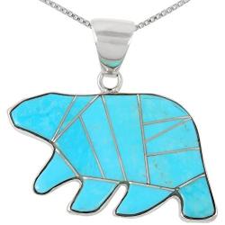 Bear Pendant Necklace 925 Sterling Silver Genuine Turquoise & Gemstones (24'' Length)
