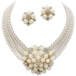 Chunky Women Elegant Statement Cream Simulated-Pearl Cluster Crystal Bridal Gold Chain Necklace Set CLIP ON Earring