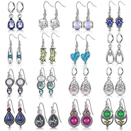 16 Pairs Crystal Drop Dangle Earrings Crystal Dangle Hook Earrings Teardrop Pendant Hoop Earrings Multicolor Boho Crystal Earrings Set for Women Girls Jewelry