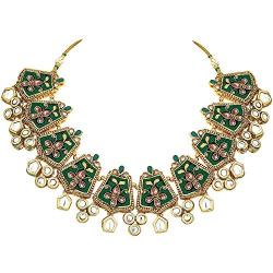I Jewels Exklusive Gold Plated Kundan & Meenakari Bridal Necklace Set with Earrings & Maang Tikka for Women