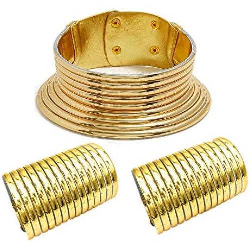 LZHLQ African Jewelry Declaration Collar Egypt Gold Tone Collar Women Chunky Leather Collar Necklace Bracelet Earring Hairpin 4-Piece Set