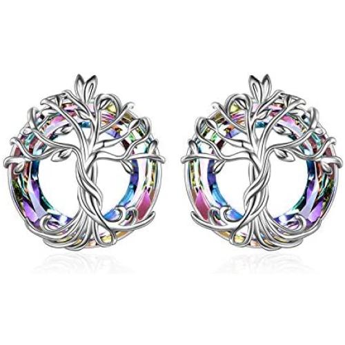 TOUPOP Tree of Life Earring Stud s925 Sterling Silver Family Tree Earring Jewelry with Crystal Gifts for Women Mom Teen Girls Birthday Mothers Day