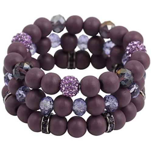 Coiris 3 Pcs/Set Purple Pattern Wooden Beads Stretch Bracelets for Girls Women Jewelry (BR1119-Purple)