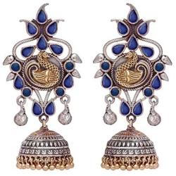 Aheli Dual Tone Indian Oxidized Jhumki Jhumka Earrings Adorned with Peacock Design and Faux Stones Ethnic Bollywood Wedding Fashion Jewelry for Women