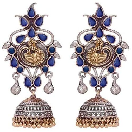 Aheli Dual Tone Indian Oxidized Jhumki Jhumka Earrings Adorned with Peacock Design and Faux Stones Ethnic Bollywood Wedding Fashion Jewelry for Women
