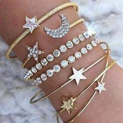 Zehory Boho Crystal Stackable Bracelets Gold Star Moon Open Cuff Bangle Bracelet Set Heart Stacking Bangle Charm Bracelet Jewelry for Women and Girls (4Pcs)