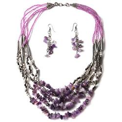 Shop LC Handmade Coastal Drop Earrings Chips Beaded Statement Necklace Purple Glass Silvertone Prom Vintage Jewelry Sets for Women