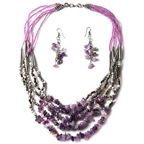 Shop LC Handmade Coastal Drop Earrings Chips Beaded Statement Necklace Purple Glass Silvertone Prom Vintage Jewelry Sets for Women
