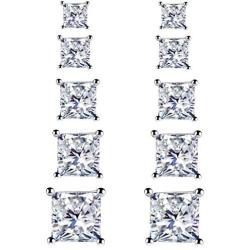 925 Sterling Silver Stud Earrings - 4 Pairs Square Cut Cubic Zirconia Stud Earrings Hypoallergenic Stud Earrings Set for Women Men Girls Gifts 3mm 4mm 5mm 6mm