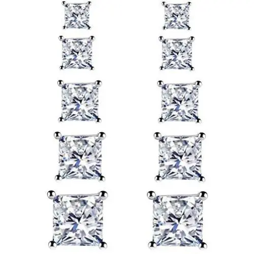 925 Sterling Silver Stud Earrings - 4 Pairs Square Cut Cubic Zirconia Stud Earrings Hypoallergenic Stud Earrings Set for Women Men Girls Gifts 3mm 4mm 5mm 6mm