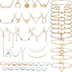 Yaomiao 52 Pieces Gold Jewelry Set with Layered Choker Pendant Necklace Assorted Rings Girls Vintage Star Moon Knuckle Ring Set Stackable Open Cuff Bangle Bracelet Adjustable Bangles for Women Girls