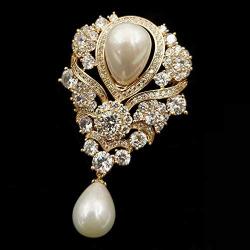 Dreamlandsales Victorian Vintage Gold Tone Ribbon Floral Scroll Pearl Drop Wedding Brooch Pin Bridal Jewelry (Gold)