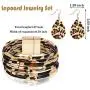 Hicarer Women Multilayer Leather Wrap Bracelets Tassel Pearl Leopard Earrings Jewelry Set