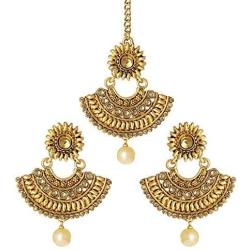 Aheli Kundan Pearl and Colour Beads Bollywood Style Indian Traditional Ethic Earrings Maang Tikka Set Fashion Jewelry for Women (Green)