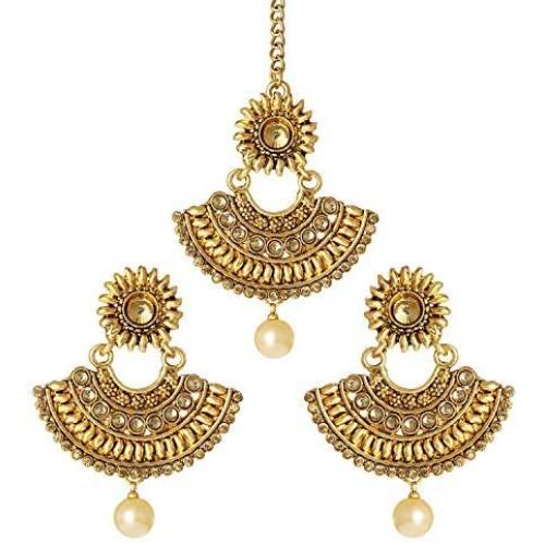 Aheli Kundan Pearl and Colour Beads Bollywood Style Indian Traditional Ethic Earrings Maang Tikka Set Fashion Jewelry for Women (Green)
