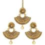 Aheli Kundan Pearl and Colour Beads Bollywood Style Indian Traditional Ethic Earrings Maang Tikka Set Fashion Jewelry for Women (Green)