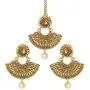 Aheli Kundan Pearl and Colour Beads Bollywood Style Indian Traditional Ethic Earrings Maang Tikka Set Fashion Jewelry for Women (Green)