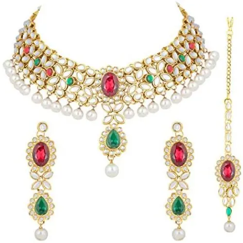 Aheli Indian Wedding Wear Beaded Faux Kundan Pearl Necklace Set with Maang Tikka Ethnic Fashion Jewelry for Women Aheli Indian Wedding Wear Beaded Faux Kundan Pearl Necklace Set with Maang Tikka Ethnic Fashion Jewelry for Women