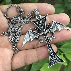 Gothic Jewelry winged Bat Vampire Cross Occult Magic Wicca Pagan Medieval Renaissance Pewter Unisex Mens Pendant Necklace Charm Protection Amulet Talisman for men w Silver Stainless Steel Chain