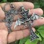 Gothic Jewelry winged Bat Vampire Cross Occult Magic Wicca Pagan Medieval Renaissance Pewter Unisex Mens Pendant Necklace Charm Protection Amulet Talisman for men w Silver Stainless Steel Chain