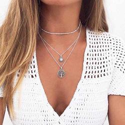 Gemily Boho Layered Tree Pendant Choker Necklace Silver Crystal Neck Chain Gothic Rhinestone Necklaces Jewelry for Women and Girls