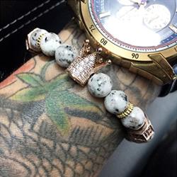 Joan Nunu CZ Crown King Charm Bracelet for Men Women Black Matte Onyx Stone Beads