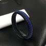 Mens Leather Bracelet Blue and Black Leather Braided Bracelet with Black Stainless Steel Magnetic Buckle