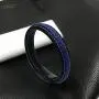 Mens Leather Bracelet Blue and Black Leather Braided Bracelet with Black Stainless Steel Magnetic Buckle