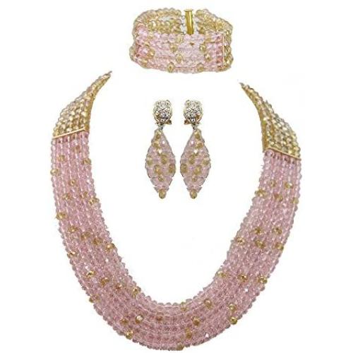 Africanbeads Wedding Jewelry Set 6mm 5 Rows Pink Gold Crystal Beads Necklace Set