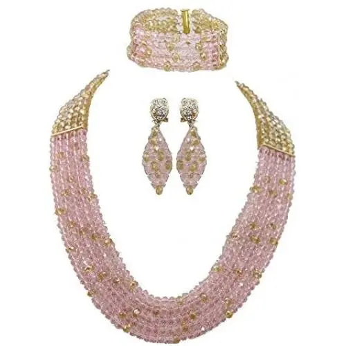 Africanbeads Wedding Jewelry Set 6mm 5 Rows Pink Gold Crystal Beads Necklace Set