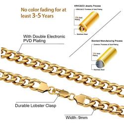 KRKC&CO 6/9/12mm Miami Cuban Link Chain for Men, 18K Gold Plated Stainless Steel Anti-Tarnish Anti-Allergies Hip Hop Rapper Chain Necklace for Men, 18 20 22 24 26 inches