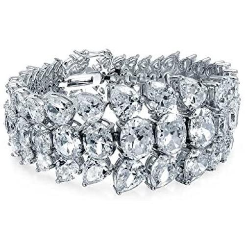 Bling Jewelry Bridal Wide Cubic Zirconia Cluster CZ Statement Bracelet for Women for Prom for Pageant for Wedding Silver Plated Brass