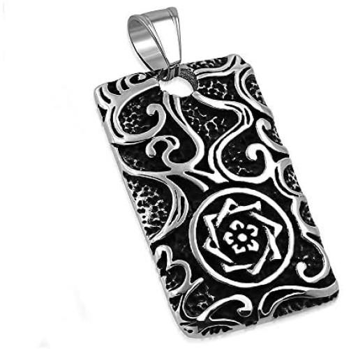 Lotus Star Ornate Dog Tag Heavyweight Pendant 24'' Long Necklace