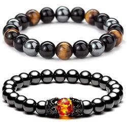 INENIMARTJ 2PCS Hematite Magnetic Therapy Bracelet for Men Women,Triple Protection Bracelet Hematite Beads+Black Obsidian+Tigers Eye Stone Bracelets