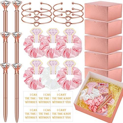 6 Sets Bridesmaid Proposal Party Supply Includes Bridesmaid Love Knot Bracelets Bridesmaid Scrunchie Rose Gold Diamond Pen Bridesmaid Giving Cards with Proposal Gifts Boxes