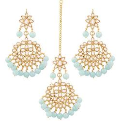 Aheli Beautiful Indian Traditional Wedding Faux Kundan Beaded Maang Tikka with Earrings Set for Women Ethnic Fashion Jewelry