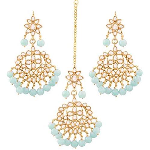 Aheli Beautiful Indian Traditional Wedding Faux Kundan Beaded Maang Tikka with Earrings Set for Women Ethnic Fashion Jewelry