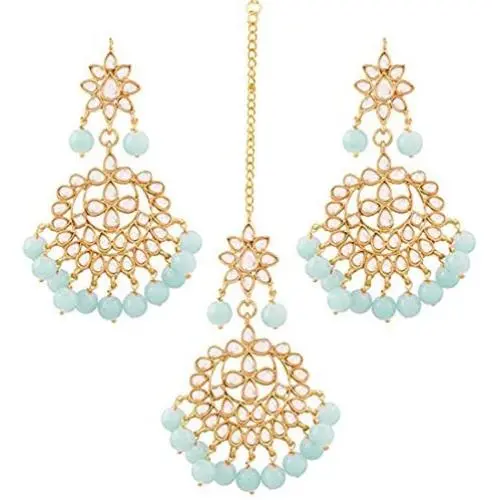Aheli Beautiful Indian Traditional Wedding Faux Kundan Beaded Maang Tikka with Earrings Set for Women Ethnic Fashion Jewelry Aheli Beautiful Indian Traditional Wedding Faux Kundan Beaded Maang Tikka with Earrings Set for Women Ethnic Fashion Jewelry