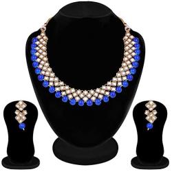 Aheli Wedding Wear Indian Kundan Maang Tikka Earrings Necklace Set Bollywood Ethnic Traditional Jewelry for Women (Royal Blue)