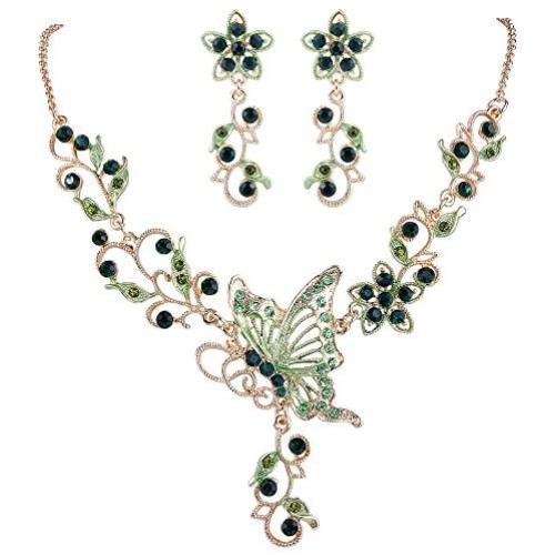 EleQueen Womens Austrian Crystal Butterfly Flower Leaf Necklace Earrings Set