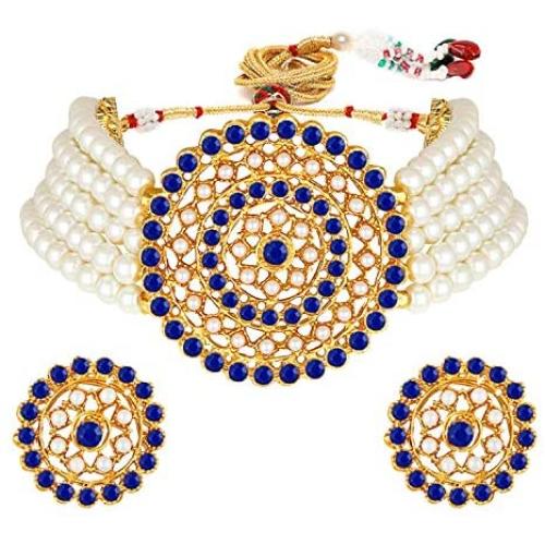 Aheli Pearl Diamond Choker Necklace with Round Earrings for Women Girls Indian Traditional Bollywood Fashion Jewelry Set