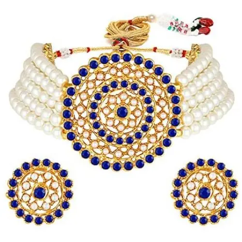 Aheli Pearl Diamond Choker Necklace with Round Earrings for Women Girls Indian Traditional Bollywood Fashion Jewelry Set