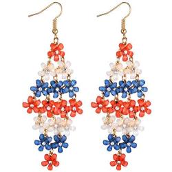 Lux Accessories Xmas Christmas Holiday Red Blue White Acrylic Flower Layered Goldone Dangle Earrings