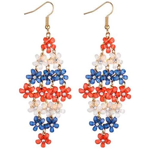 Lux Accessories Xmas Christmas Holiday Red Blue White Acrylic Flower Layered Goldone Dangle Earrings