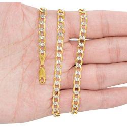 Nuragold 10k Yellow Gold 5.5mm Cuban Chain Curb Link Diamond Cut Pave Two Tone Pendant Necklace, Mens Womens Lobster Lock 18'' 20'' 22'' 24'' 26'' 28'' 30''